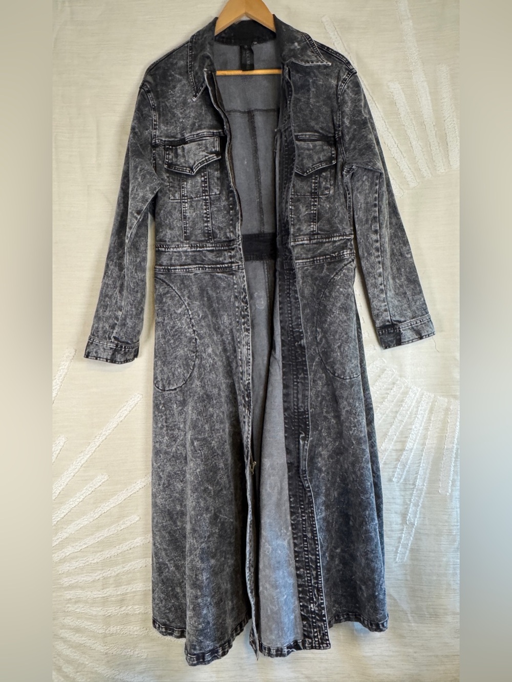 Norma Kamali Women’s 10 Black Acid Wash Denim Maxi Coat Dress Runway Vogue - Picture 4 of 10